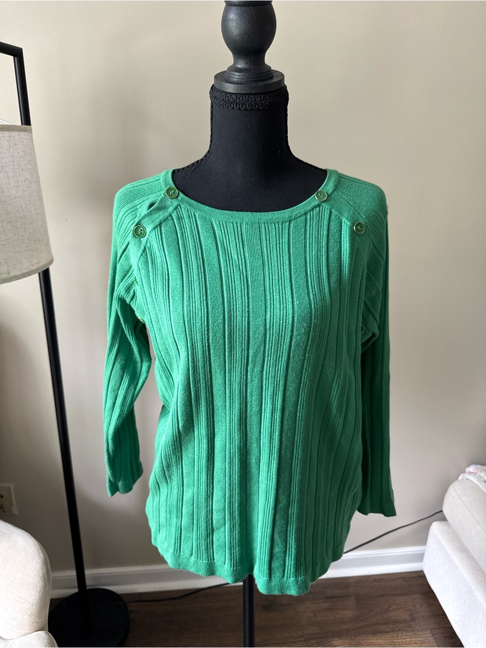 Charter Club Green Ribbed Crew Neck Sweater with Shoulder Buttons
